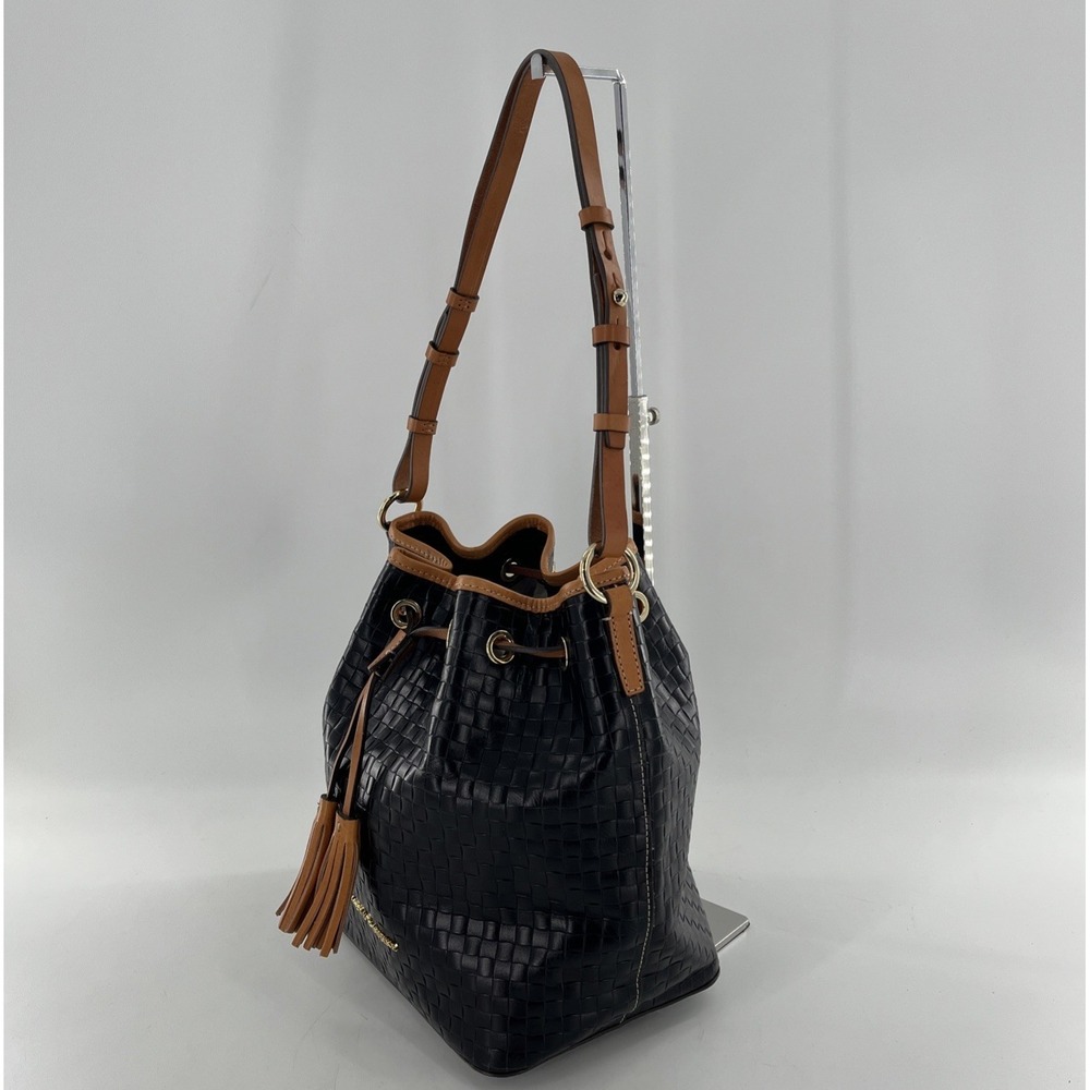 Dooney & Bourke Drawstring Bag Woven Look Embossed Leather Black & Caramel Trim - Picture 3 of 16